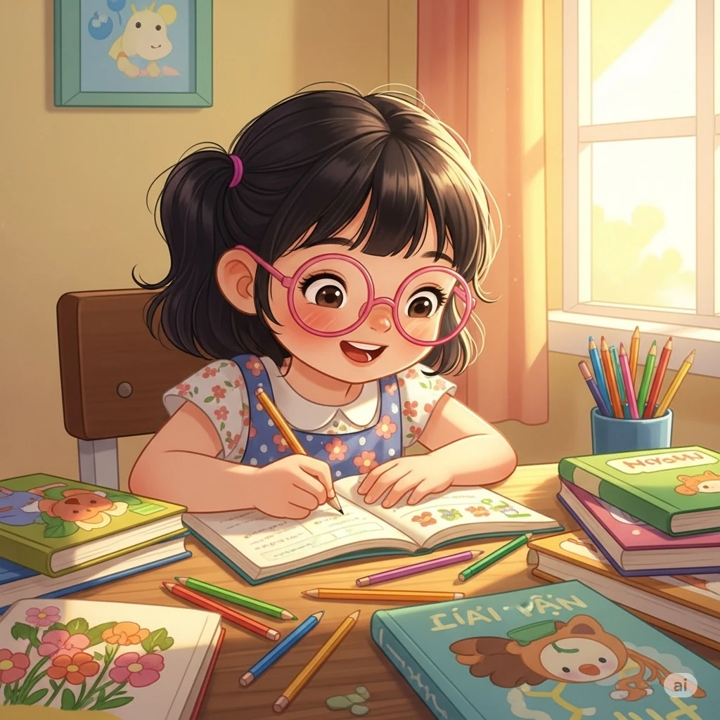 Bé vui vẻ học bài